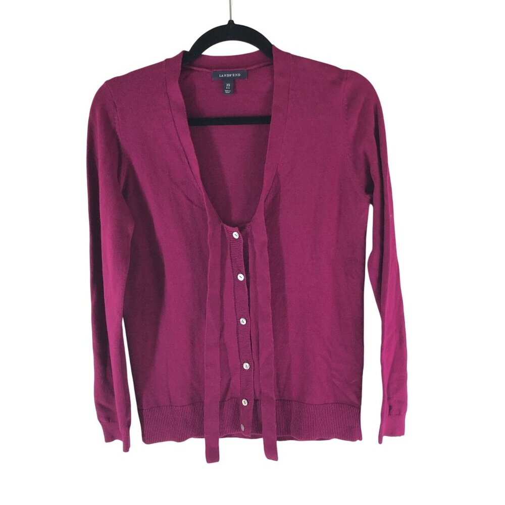 Lands End Womens Cardigan Sweater Cotton Cashmere Tie Collar Purple XS